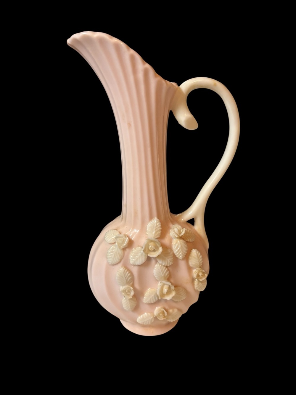 Pink vintage Ardalt Japan Porcelain Ewer Vase with Cream Floral Appliqués